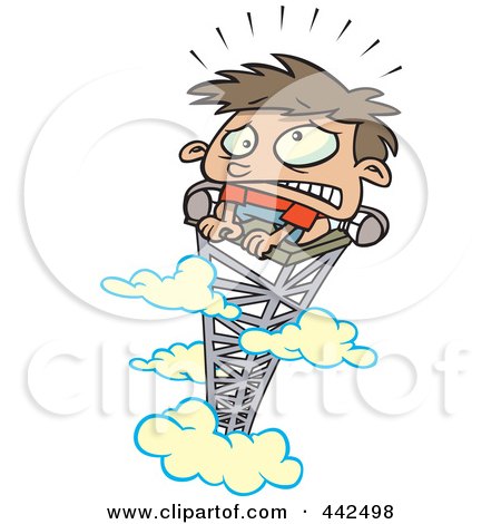 Royalty-Free (RF) Clip Art Illustration of a Cartoon Scared Boy On Top Of A Tower by toonaday