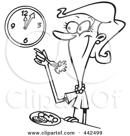 Royalty-Free (RF) Clip Art Illustration of a Cartoon Black And White Outline Design Of A Woman Eating A Healthy Lunch by toonaday
