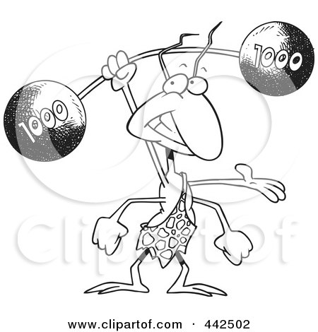 Royalty-Free (RF) Clip Art Illustration of a Cartoon Black And White Outline Design Of A Strong Ant Lifting A Barbell by toonaday