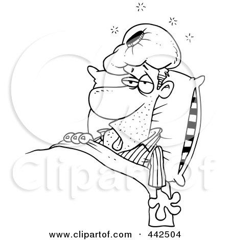 Royalty-Free (RF) Clip Art Illustration of a Cartoon Black And White Outline Design Of A Sick Man In Bed With An Ice Pack by toonaday