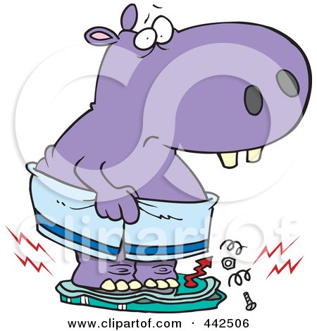Royalty-Free (RF) Clip Art Illustration of a Cartoon Heavy Hippo Crushing A Scale by toonaday