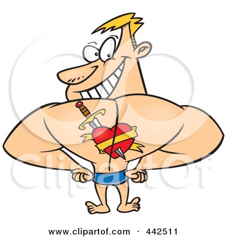 Royalty-Free (RF) Clip Art Illustration of a Cartoon Strong Man Showing Off The Heart Tattoo On His Back by toonaday