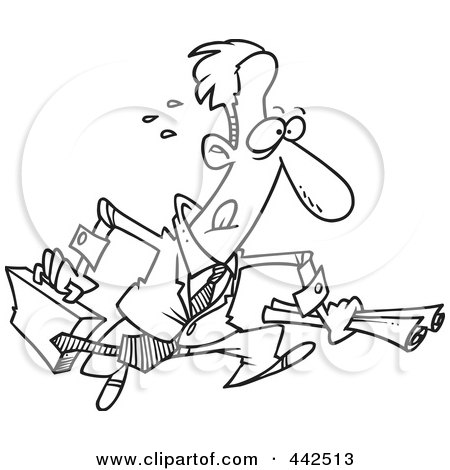 Royalty-Free (RF) Clip Art Illustration of a Cartoon Black And White Outline Design Of A Hasty Businessman Running by toonaday