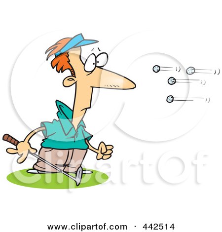 Royalty-Free (RF) Clip Art Illustration of Cartoon Golf Balls Flying At A Golfer by toonaday