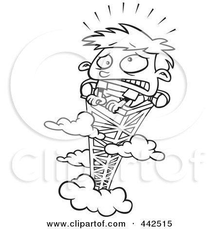 Royalty-Free (RF) Clip Art Illustration of a Cartoon Black And White Outline Design Of A Scared Boy On Top Of A Tower by toonaday