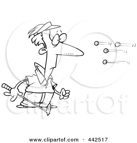Royalty-Free (RF) Clip Art Illustration of a Cartoon Black And White Outline Design Of Golf Balls Flying At A Golfer by toonaday