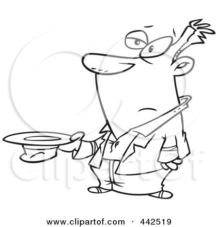 Royalty-Free (RF) Clip Art Illustration of a Cartoon Black And White Outline Design Of A Depressed Man Holding Out A Hat by toonaday