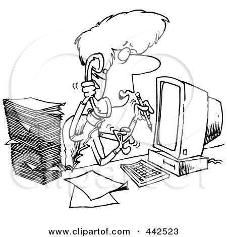 Royalty-Free (RF) Clip Art Illustration of a Cartoon Black And White Outline Design Of A Stressed Assistant Multi Tasking by toonaday