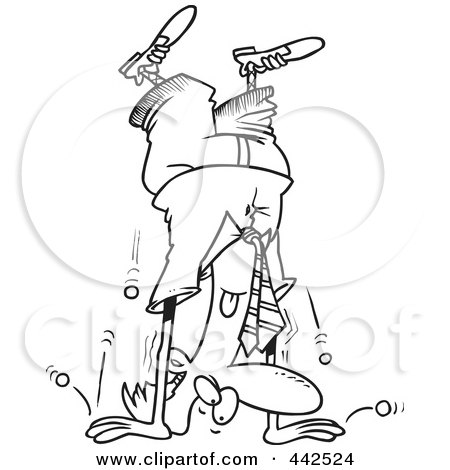 Royalty-Free (RF) Clip Art Illustration of a Cartoon Black And White Outline Design Of A Coins Falling Out Of A Businessman's Pocket As He's Doing A Hand Stand by toonaday