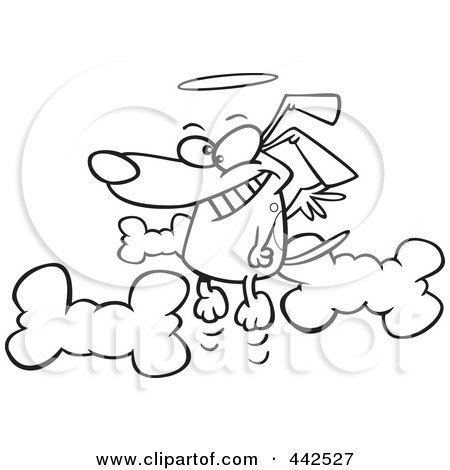 Royalty-Free (RF) Clip Art Illustration of a Cartoon Black And White Outline Design Of An Angel Dog In Heaven by toonaday