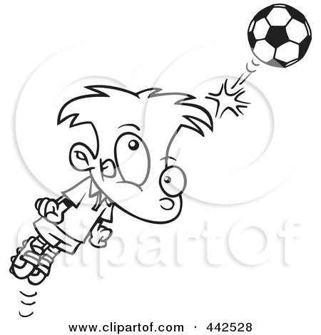 Royalty-Free (RF) Clip Art Illustration of a Cartoon Black And White Outline Design Of A Soccer Boy Bouncing A Ball Off His Head by toonaday