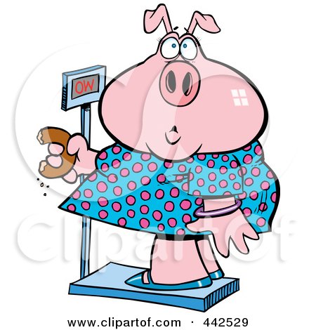 Royalty-Free (RF) Clip Art Illustration of a Cartoon Heavy Pig Eating A Donut On The Scale by toonaday