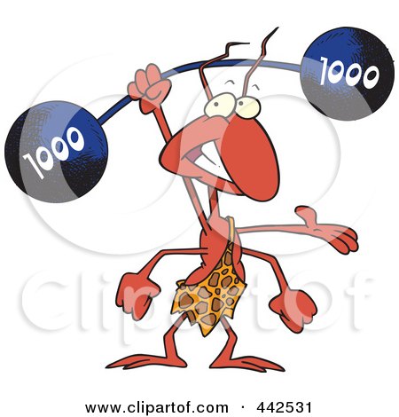 Royalty-Free (RF) Clip Art Illustration of a Cartoon Strong Ant Lifting A Barbell by toonaday