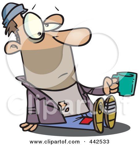Royalty-Free (RF) Clip Art Illustration of a Cartoon Homeless Man Sitting And Holding A Cup by toonaday