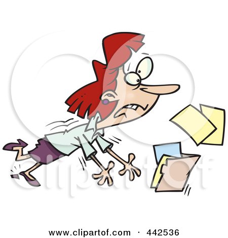 Royalty-Free (RF) Clip Art Illustration of a Cartoon Businesswoman Breaking Her Heel And Spilling Files by toonaday