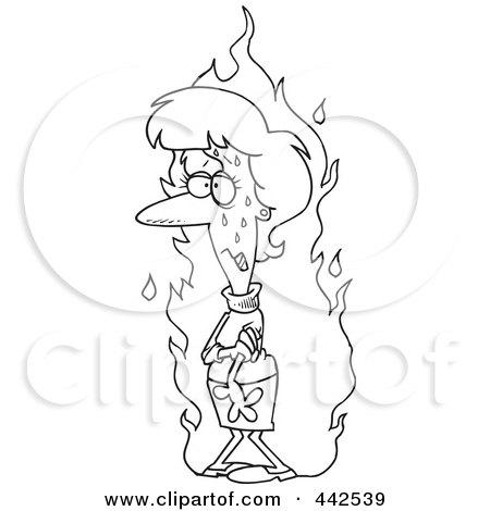 Royalty-Free (RF) Clip Art Illustration of a Cartoon Black And White Outline Design Of A Woman Experiencing A Hot Flash by toonaday