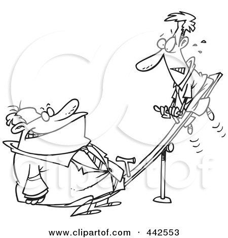 Royalty-Free (RF) Clip Art Illustration of a Cartoon Black And White Outline Design Of A Heavyweight Businessman On A See Saw by toonaday