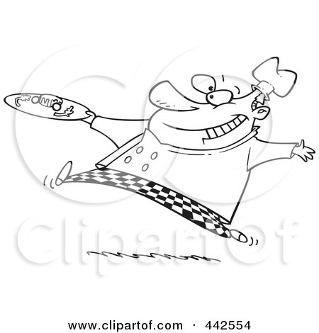 Royalty-Free (RF) Clip Art Illustration of a Cartoon Black And White Outline Design Of A Chef Serving Haute Cuisine by toonaday
