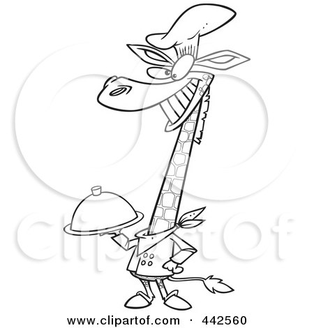Royalty-Free (RF) Clip Art Illustration of a Cartoon Black And White Outline Design Of A Chef Giraffe Holding A Platter by toonaday