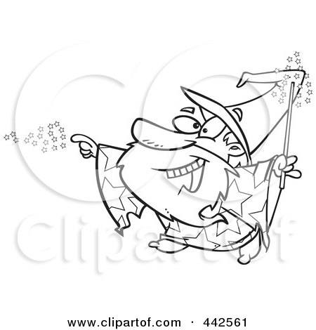 Royalty-Free (RF) Clip Art Illustration of a Cartoon Black And White Outline Design Of A Wizard Using Magic by toonaday