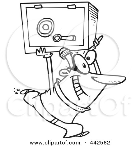 Royalty-Free (RF) Clip Art Illustration of a Cartoon Black And White Outline Design Of A Robber Heisting A Safe by toonaday
