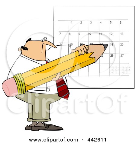 Royalty-Free (RF) Clip Art Illustration of a Businessman Using A Huge Pencil To Write On His Calendar by djart