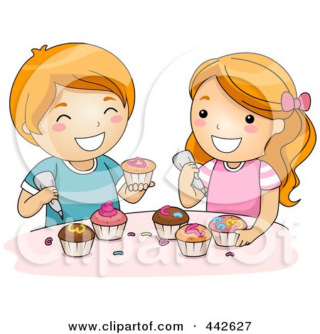 Royalty-Free (RF) Clip Art Illustration of a Boy And Girl Icing Cupcakes by BNP Design Studio