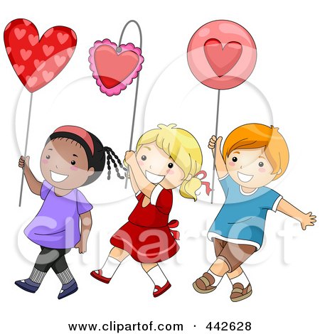 Royalty-Free (RF) Clip Art Illustration of a Boy And Girls Walking With Hearts In A Parade by BNP Design Studio