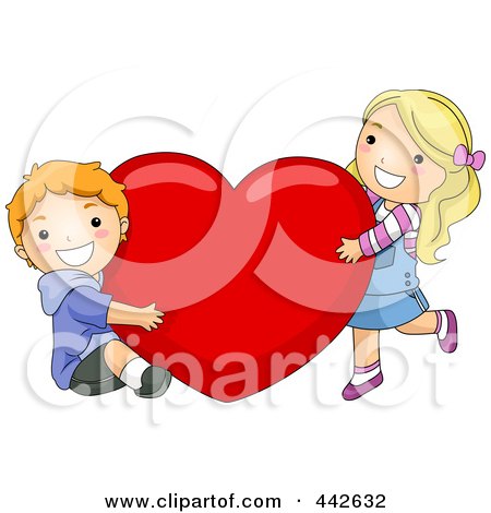 Royalty-Free (RF) Clip Art Illustration of a Boy And Girl Hugging A Red Heart by BNP Design Studio