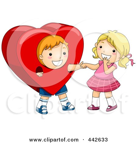 Royalty-Free (RF) Clip Art Illustration of a Boy In A Heart Costume, Holding A Girl's Hand by BNP Design Studio