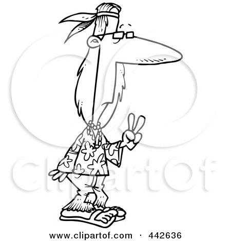 Royalty-Free (RF) Clip Art Illustration of a Cartoon Black And White Outline Design Of A Hippie Gesturing Peace by toonaday
