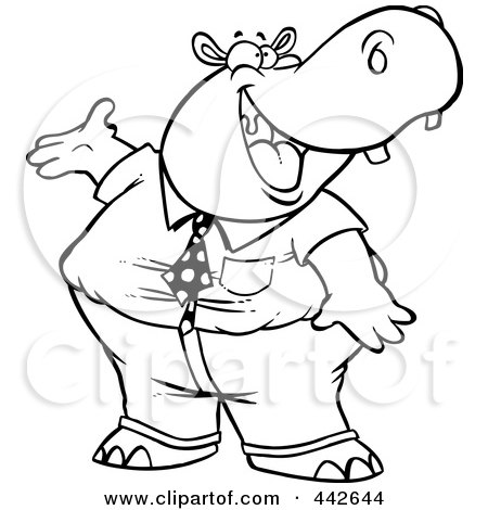 Royalty-Free (RF) Clip Art Illustration of a Cartoon Black And White Outline Design Of A Business Hippo Presenting by toonaday