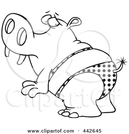 Royalty-Free (RF) Clip Art Illustration of a Cartoon Black And White Outline Design Of A Hippo In A Polka Dot Bikini by toonaday