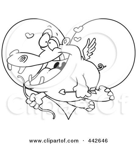 Royalty-Free (RF) Clip Art Illustration of a Cartoon Black And White Outline Design Of A Cupid Hippo Over A Heart by toonaday