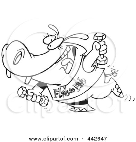 Royalty-Free (RF) Clip Art Illustration of a Cartoon Black And White Outline Design Of A Flab To Fab Fitness Hippo by toonaday