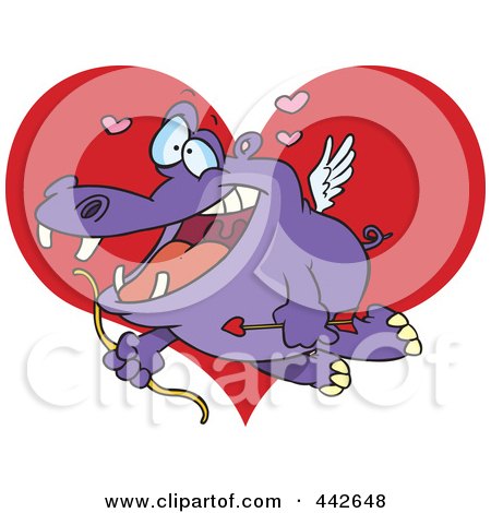 Royalty-Free (RF) Clip Art Illustration of a Cartoon Cupid Hippo Over A Heart by toonaday