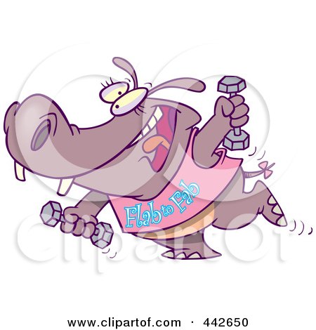 Royalty-Free (RF) Clip Art Illustration of a Cartoon Flab To Fab Fitness Hippo by toonaday