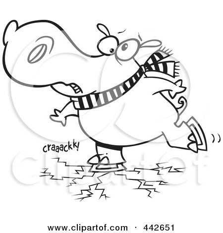 Royalty-Free (RF) Clip Art Illustration of a Cartoon Black And White Outline Design Of A Hippo Skating On Cracking Ice by toonaday
