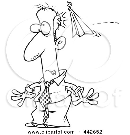 Royalty-Free (RF) Clip Art Illustration of a Cartoon Black And White Outline Design Of A Businessman Being Bonked With A Paper Plane by toonaday