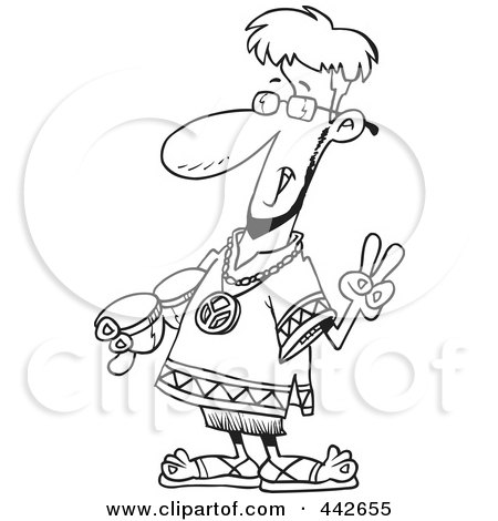 Royalty-Free (RF) Clip Art Illustration of a Cartoon Black And White Outline Design Of A Peaceful Hippie by toonaday
