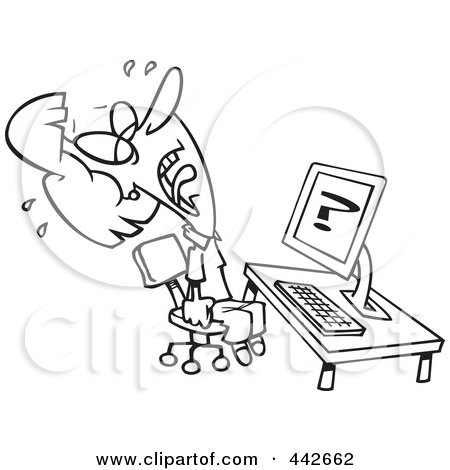 Royalty-Free (RF) Clip Art Illustration of a Cartoon Black And White Outline Design Of A Helpless Woman Crying Over Computer Problems by toonaday