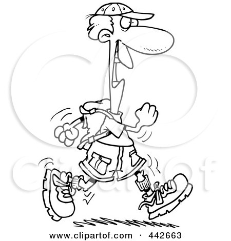 Royalty-Free (RF) Clip Art Illustration of a Cartoon Black And White Outline Design Of A Happy Male Hiker by toonaday
