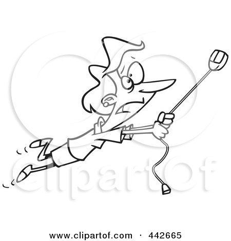 Royalty-Free (RF) Clip Art Illustration of a Cartoon Black And White Outline Design Of A Woman Swinging On A High Speed Internet Computer Mouse by toonaday