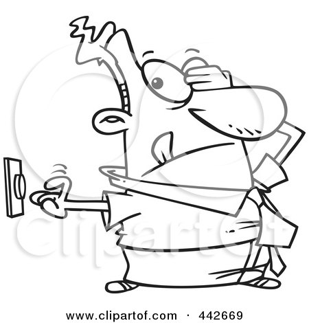 Royalty-Free (RF) Clip Art Illustration of a Cartoon Black And White Outline Design Of An Uncertain Businessman Pushing A Button by toonaday