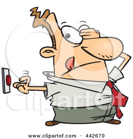 Royalty-Free (RF) Clip Art Illustration of a Cartoon Uncertain Businessman Pushing A Button by toonaday