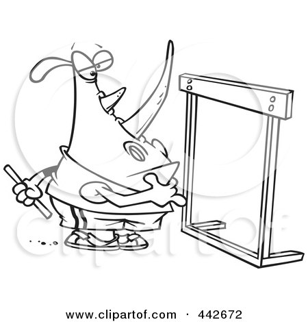 Royalty-Free (RF) Clip Art Illustration of a Cartoon Black And White Outline Design Of A Rhino Staring At A Hurdle by toonaday