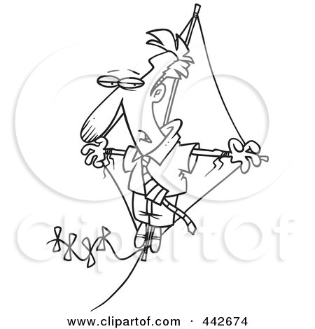 Royalty-Free (RF) Clip Art Illustration of a Cartoon Black And White Outline Design Of A Businessman Flying High On A Kite by toonaday