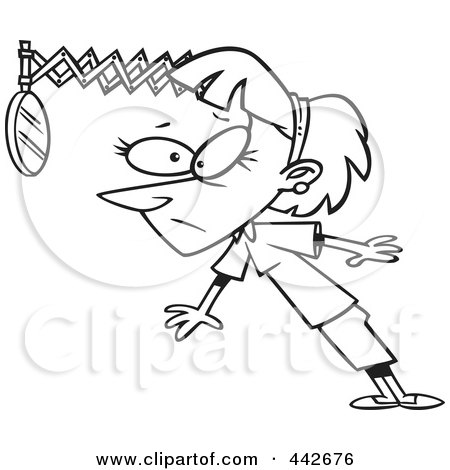 Royalty-Free (RF) Clip Art Illustration of a Cartoon Black And White Outline Design Of A Businesswoman Looking Back In Hind Sight by toonaday