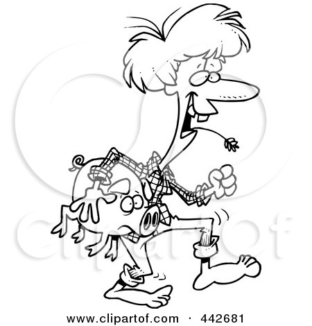Royalty-Free (RF) Clip Art Illustration of a Cartoon Black And White Outline Design Of A Female Hillbilly Carrying A Pig by toonaday