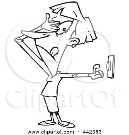 Royalty-Free (RF) Clip Art Illustration of a Cartoon Black And White Outline Design Of A Woman Hesitating To Push A Button by toonaday